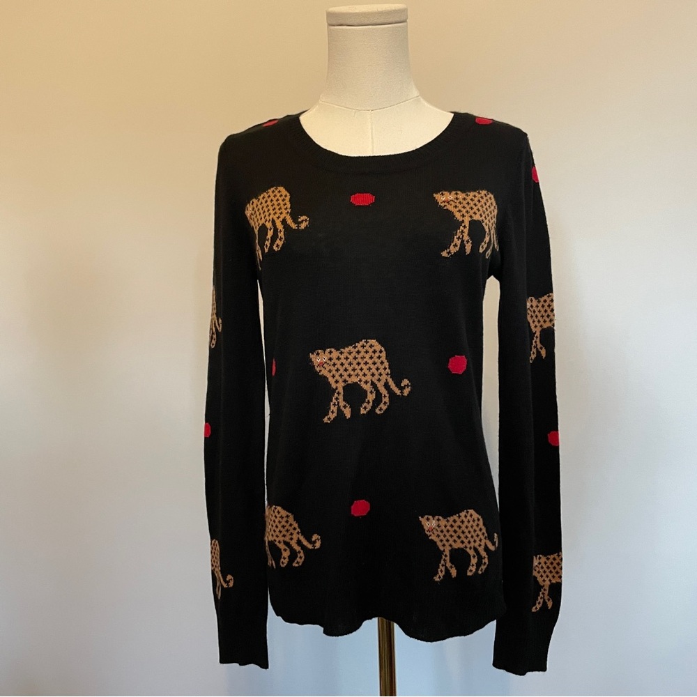 Saks Fifth Avenue Leopard Print Women Sweater Small Animal Big Cat Retro Y2K